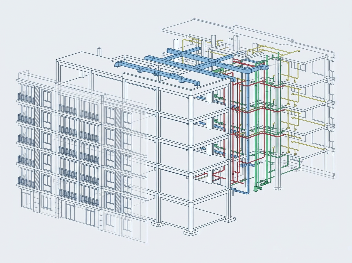 Edifício residencial em camadas BIM, com fachada, estrutura e instalações coordenadas